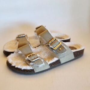Steve Madden Sandals Slide Beige Leather White Faux Fur Lining 7.5